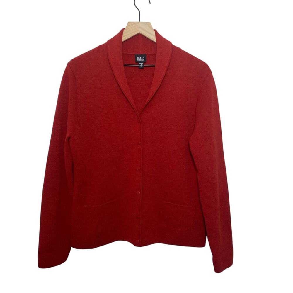Eileen Fisher Cardigan Size Large Red 100% Italian Wool Sweater
